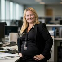 a woman in a business suit standing in front of a desk generative ai photo