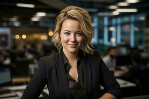 a woman in a business suit standing in front of a desk generative ai photo