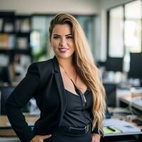 a woman in a business suit standing in front of a desk generative ai photo