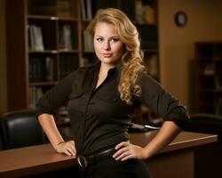 a woman in a business suit standing in front of a desk generative ai photo