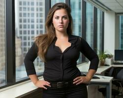 a woman in a business suit standing in front of a window generative ai photo