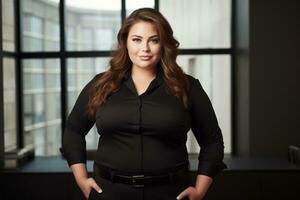 a woman in a business suit standing in front of a window generative ai photo