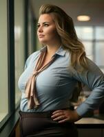 a woman in a business suit standing in front of a window generative ai photo