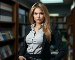 a woman in a business suit standing in front of bookshelves generative ai photo