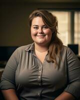 a woman in a gray shirt sitting in an office generative ai photo