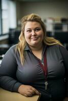 a woman in a grey shirt and maroon tie sitting at a desk generative ai photo