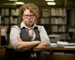 a woman in a library with her arms crossed generative ai photo