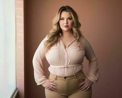 un mujer en un rosado blusa y bronceado pantalones en pie en frente de un ventana generativo ai foto