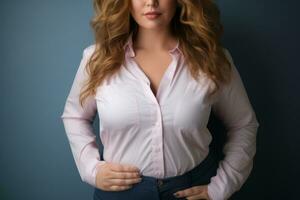 a woman in a pink shirt and blue jeans generative ai photo
