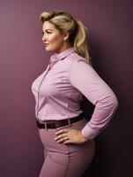 a woman in a pink shirt and pants standing against a purple wall generative ai photo