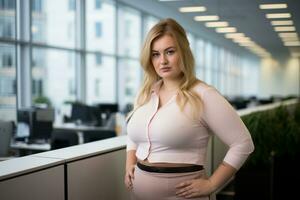 a woman in a pink shirt and skirt standing in an office generative ai photo