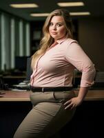 a woman in a pink shirt posing in an office generative ai photo