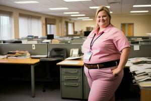 a woman in a pink shirt standing in an office generative ai photo