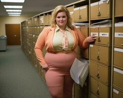 a woman in a pink suit standing in front of a filing cabinet generative ai photo