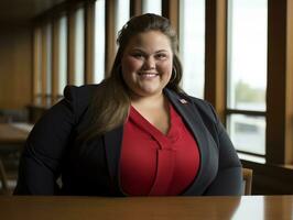 a woman in a red shirt and black blazer sitting at a table generative ai photo