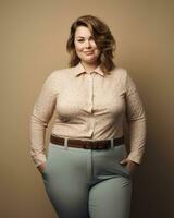 a woman in a shirt and pants posing for the camera generative ai photo