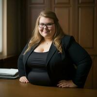 a woman in a suit and glasses sitting at a desk generative ai photo