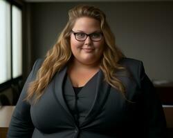 a woman in a suit and glasses standing in front of a window generative ai photo