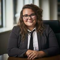 a woman in a suit and tie sitting at a desk generative ai photo