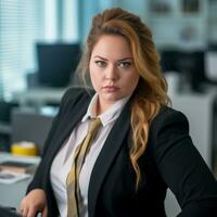 a woman in a suit and tie sitting at a desk generative ai photo