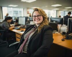a woman in a suit and tie sitting in an office generative ai photo