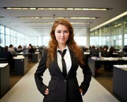 a woman in a suit and tie standing in an office generative ai photo