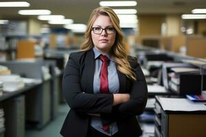 a woman in a suit and tie standing in an office generative ai photo