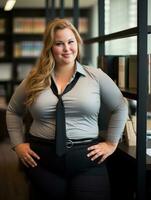 a woman in a suit and tie standing in front of bookshelves generative ai photo