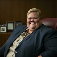 a woman in a suit sitting in an office chair generative ai photo