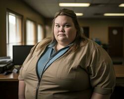 a woman in a tan jacket standing in an office generative ai photo