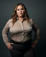 a woman in a tan shirt and black pants generative ai photo