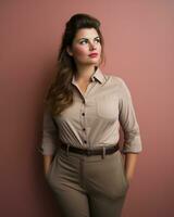 a woman in a tan shirt and pants standing against a pink wall generative ai photo