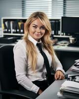 a woman in a white shirt and black tie sitting at a desk generative ai photo