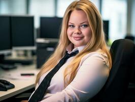 a woman in a white shirt and black tie sitting at a desk generative ai photo