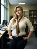 a woman in a white shirt and brown tie standing in an office generative ai photo