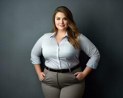 un mujer en un blanco camisa y gris pantalones posando para el cámara generativo ai foto