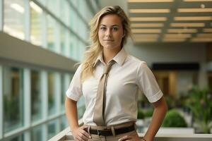 a woman in a white shirt and tie standing in an office building generative ai photo