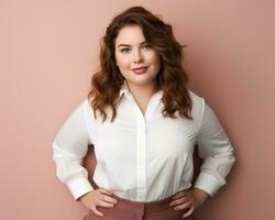 a woman in a white shirt posing against a pink background generative ai photo