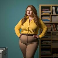 a woman in a yellow shirt and brown pants standing in front of a bookshelf generative ai photo