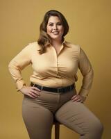 a woman in a yellow shirt and brown pants sitting on a stool generative ai photo