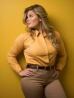 a woman in a yellow shirt and brown pants standing against a yellow background generative ai photo