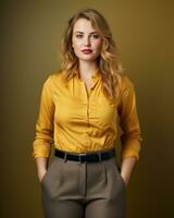 a woman in a yellow shirt and brown pants generative ai photo