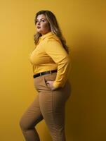 un mujer en un amarillo camisa y marrón pantalones generativo ai foto