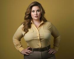 a woman in a yellow shirt and brown pants generative ai photo