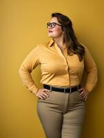 un mujer en un amarillo camisa y lentes en pie en contra un amarillo antecedentes generativo ai foto