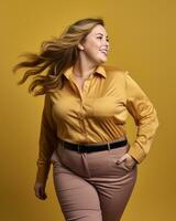 a woman in a yellow shirt and pink pants generative ai photo