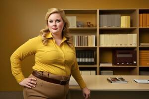 a woman in a yellow shirt is standing in front of a desk generative ai photo