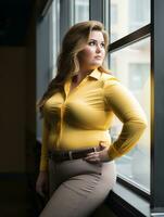 a woman in a yellow shirt leaning against a window generative ai photo