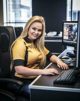 a woman in a yellow shirt sitting at a computer generative ai photo