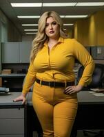 un mujer en un amarillo traje posando en un oficina generativo ai foto